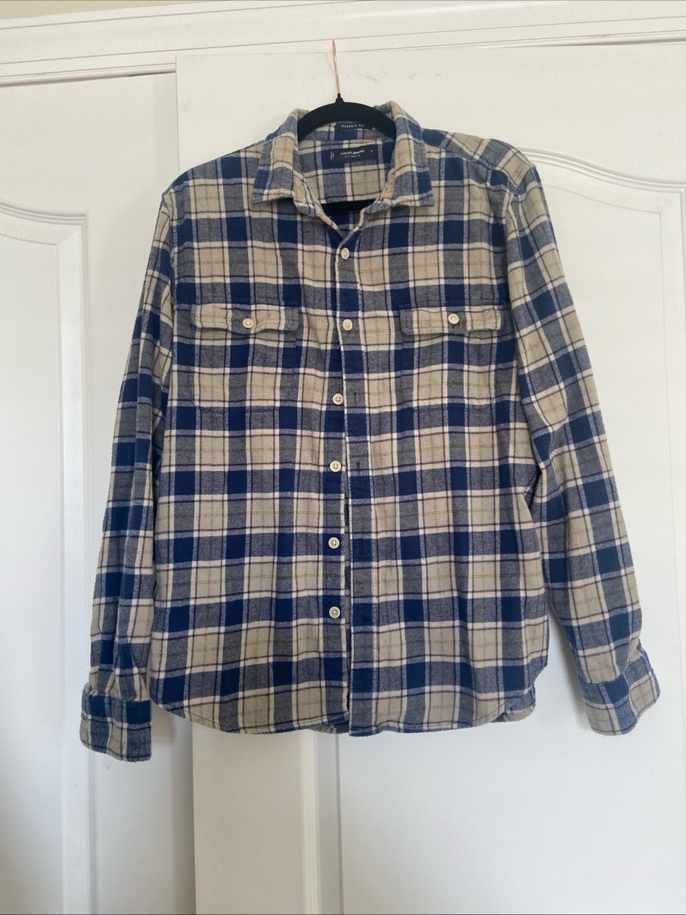 Lucky Brand Blue and Cream Plaid Button-Down Shirt